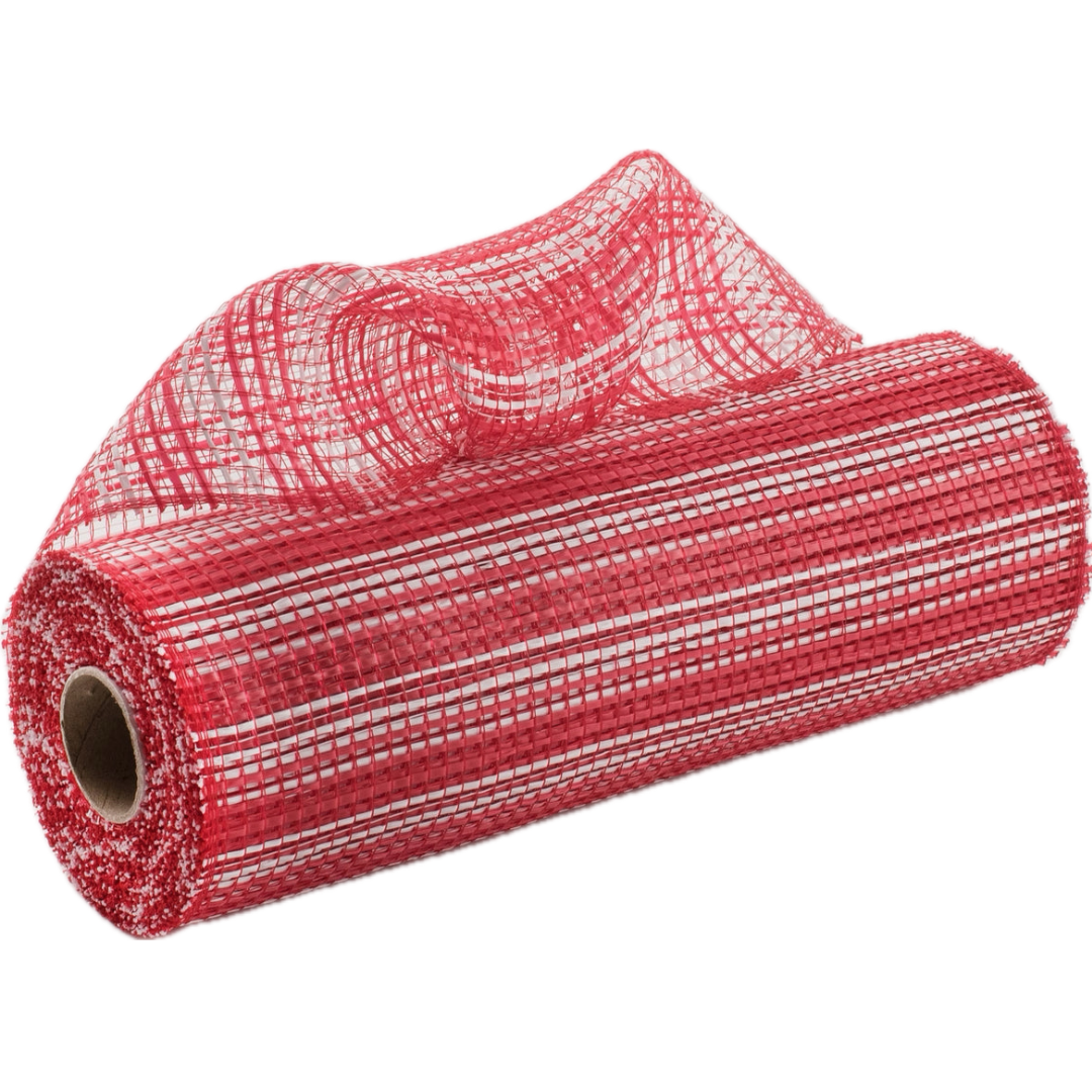 Roll of red and white horizontal wide stripe deco mesh carried by Monkey's Creations - MPN RE8902N5.