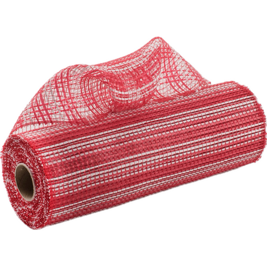 Roll of red and white horizontal wide stripe deco mesh carried by Monkey's Creations - MPN RE8902N5.