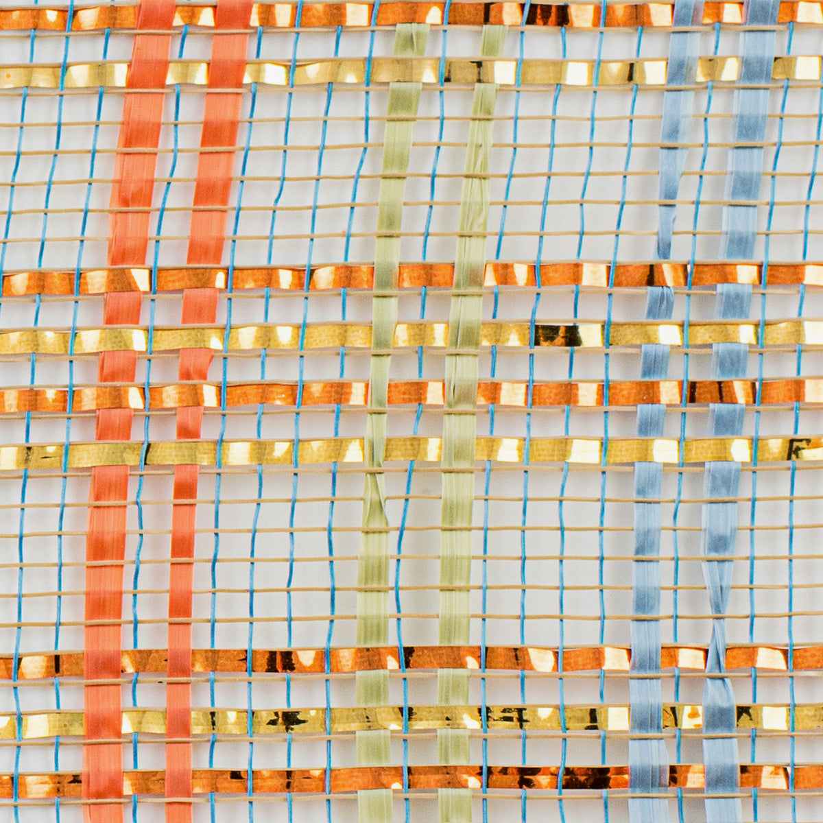 Close up of smoke blue, orange, gold and sage plaid vertical wide stripe foil deco mesh weave carried by Monkey's Creations. MPN - RE1368XF.