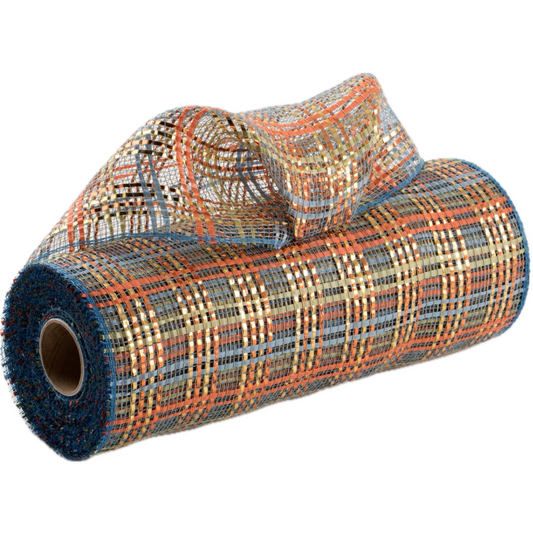 10" roll of smoke blue, orange, gold and sage plaid vertical wide stripe foil deco mesh carried by Monkey's Creations. MPN - RE1368XF.