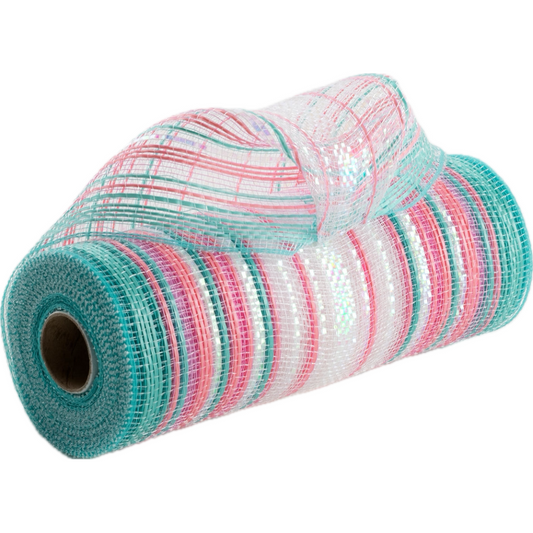 Roll of ombre style blush pink, teal and iridescent white vertical wide stripe deco mesh