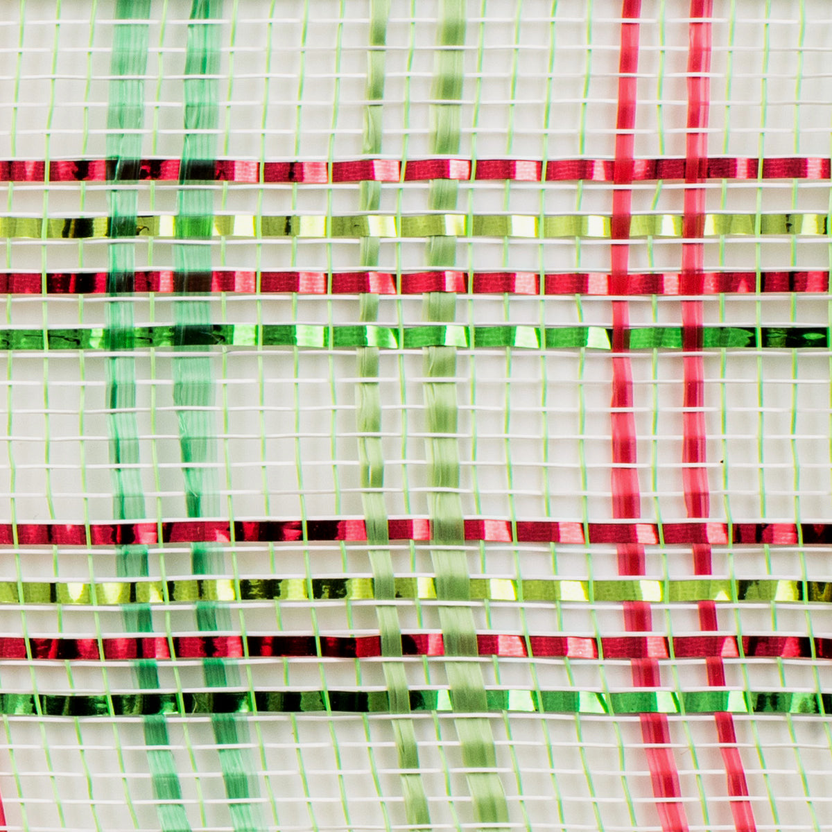 Close up of vertical wide stripe foil plaid lime green, red and emerald green weave deco mesh MPN RE1368XC