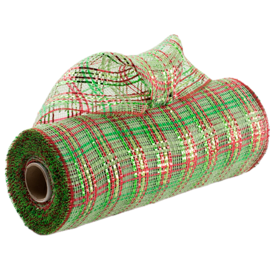 10" roll of vertical wide stripe foil plaid lime green, red and emerald green deco mesh MPN RE1368XC