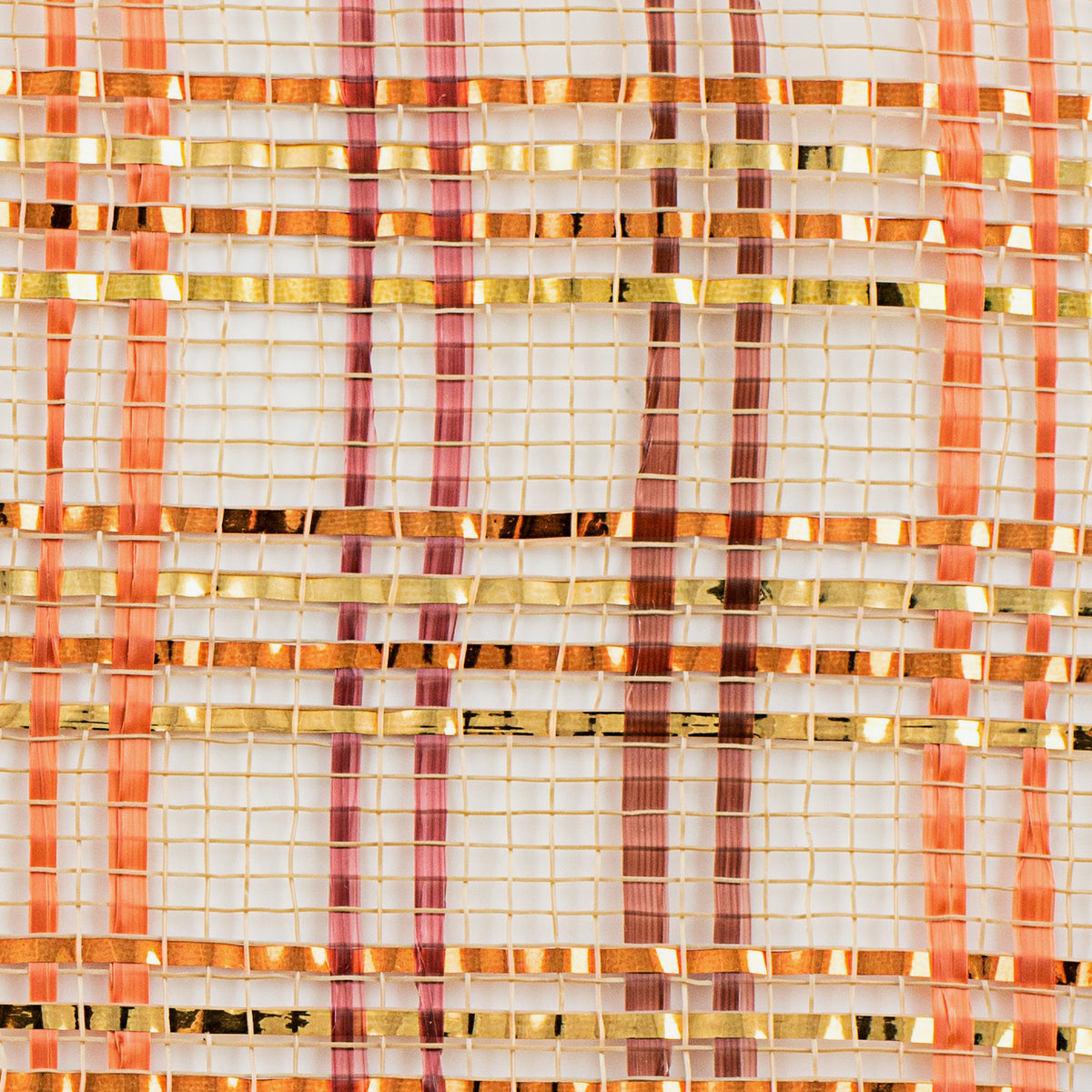 Close up of vertical wide stripe foil plaid natural, orange, brown and burgundy deco mesh wave MPN RE1368XE