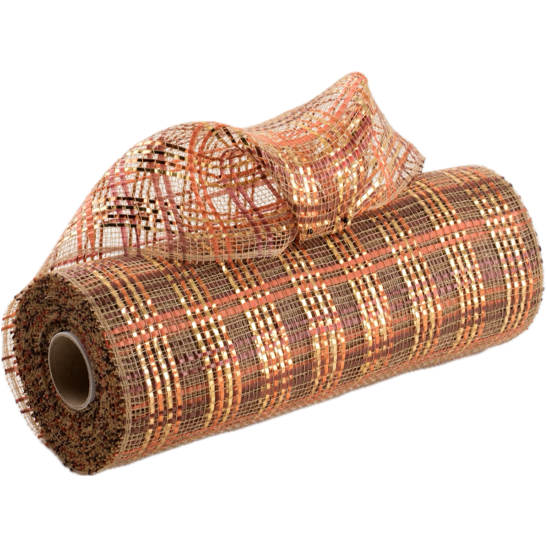 10" roll of vertical wide stripe foil plaid natural, orange, brown and burgundy deco mesh MPN RE1368XE