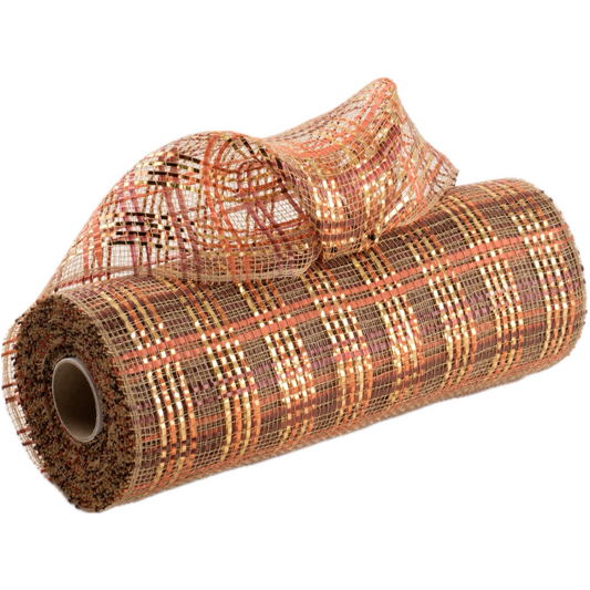 10" roll of vertical wide stripe foil plaid natural, orange, brown and burgundy deco mesh MPN RE1368XE