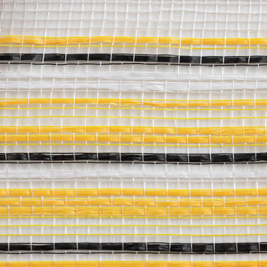 Close up of ombre black, white and yellow vertical wide stripe weave carried by Monkey's Creations MPN: RE13861T