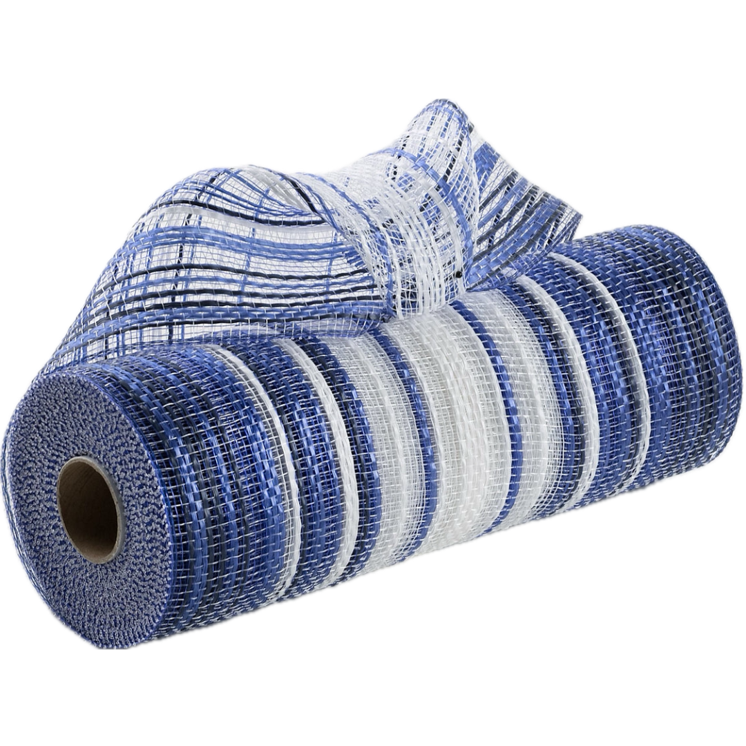 10" roll of vertical wide stripe ombre deco mesh with navy blue, royal blue and white stripes MPN RE13862A