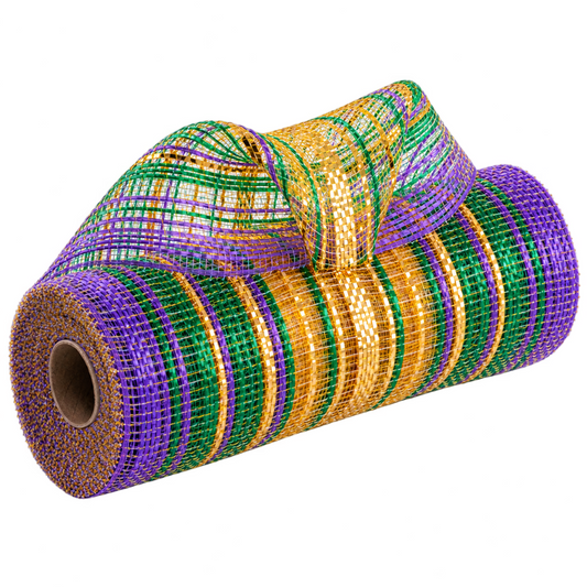 10" roll of vertical wide stripe metallic ombre deco mesh with purple, green and gold stripes MPN RE1387W3 carried by Monkey's Creations. 