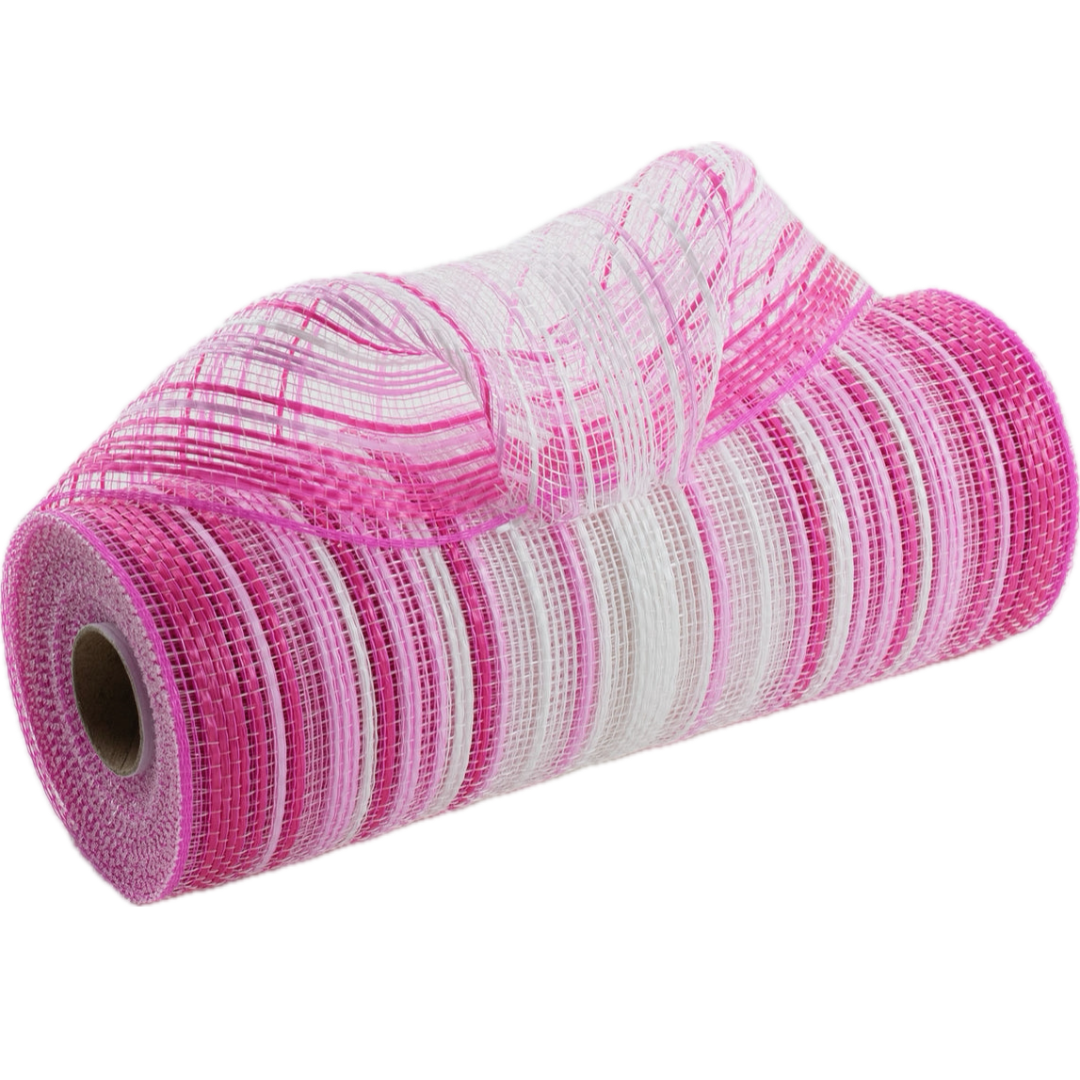 10" roll of vertical wide stripe ombre deco mesh with hot pink, soft pink, fuchsia, pale pink and white stripes MPN RE13861Y