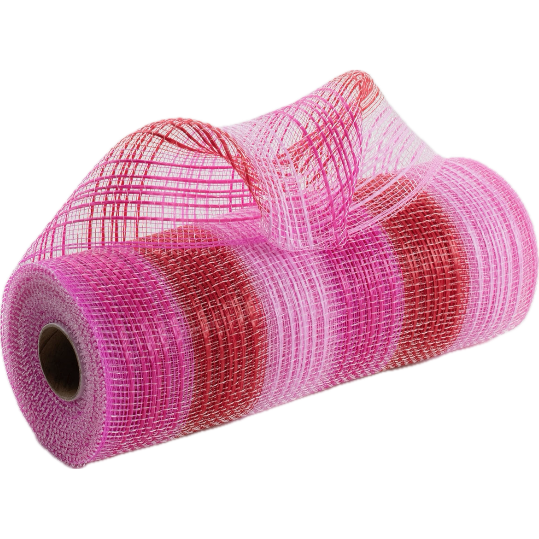 10" roll of pink, hot pink and red vertical wide stripe deco mesh MPN RE138566