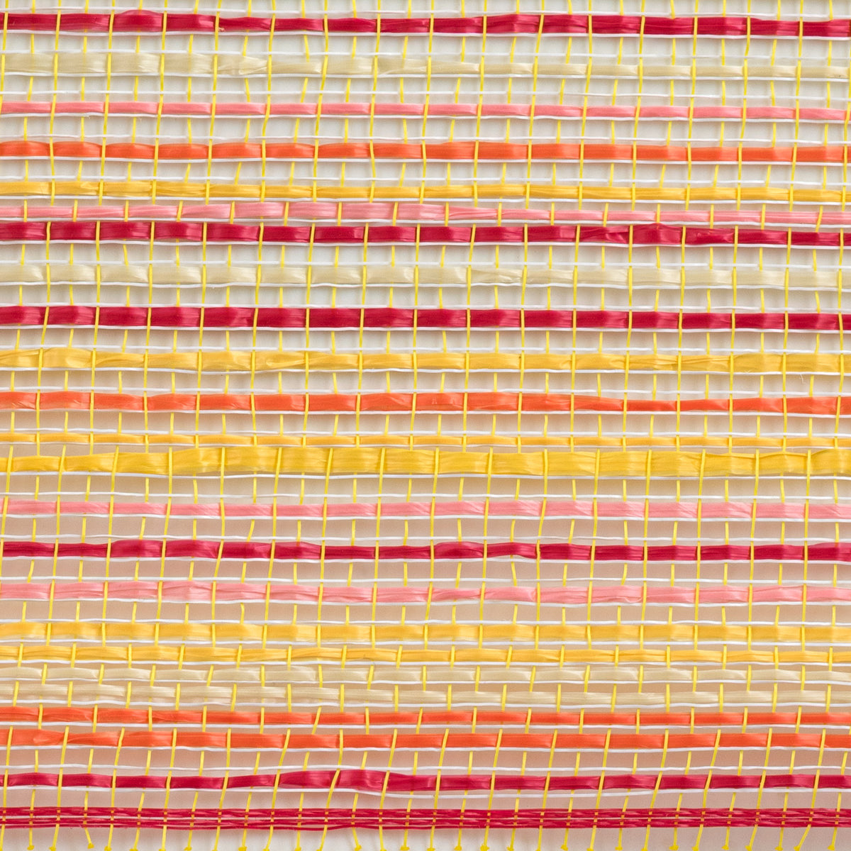 Close up of vertical wide stripe striation deco mesh weave with red, orange, yellow, creme and white stripes MPN RE13691F.