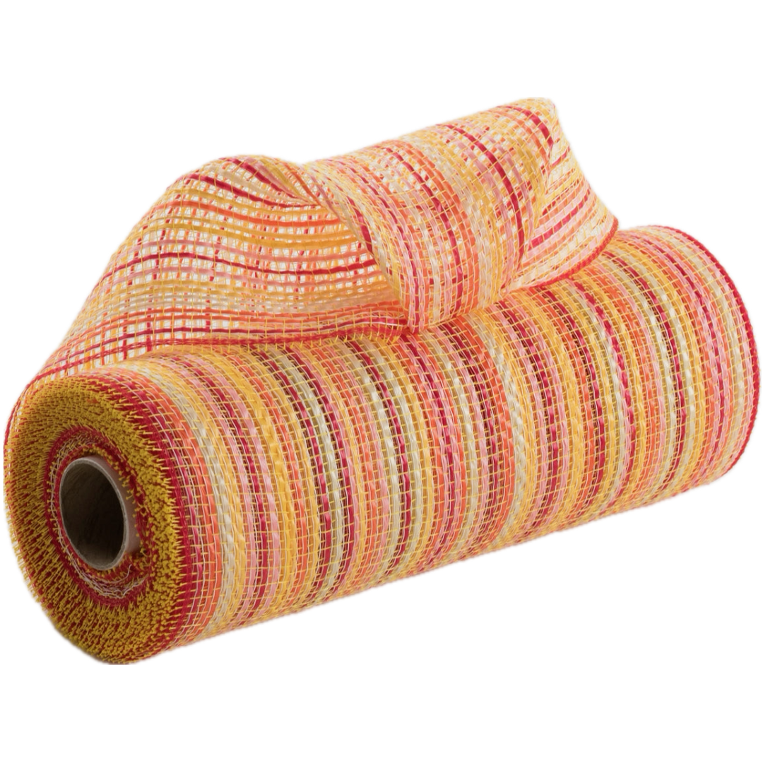 10" roll of vertical wide stripe striation deco mesh with red, orange, yellow, creme and white stripes MPN RE13691F.