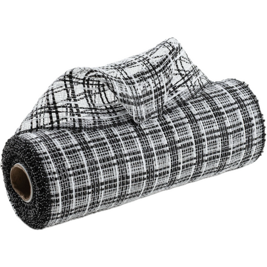 10" roll of black and white plaid wide stripe deco mesh MPN RE1384F6