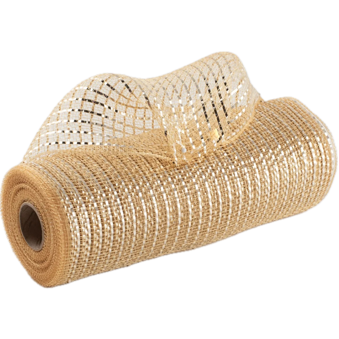 10" roll of gold and champaign wide foil poly deco mesh