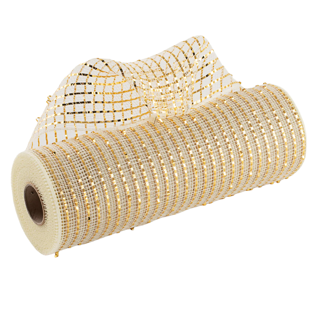 10" roll of cream poly deco mesh with wide foil metallic gold