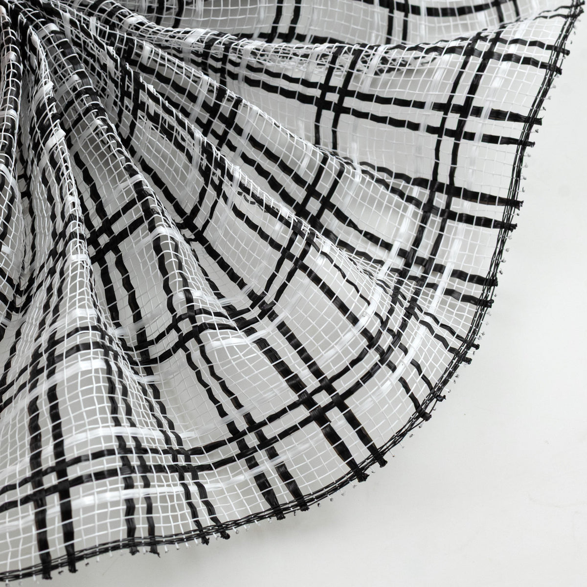 Close up of black and white plaid wide stripe deco mesh weave MPN RE1384F6