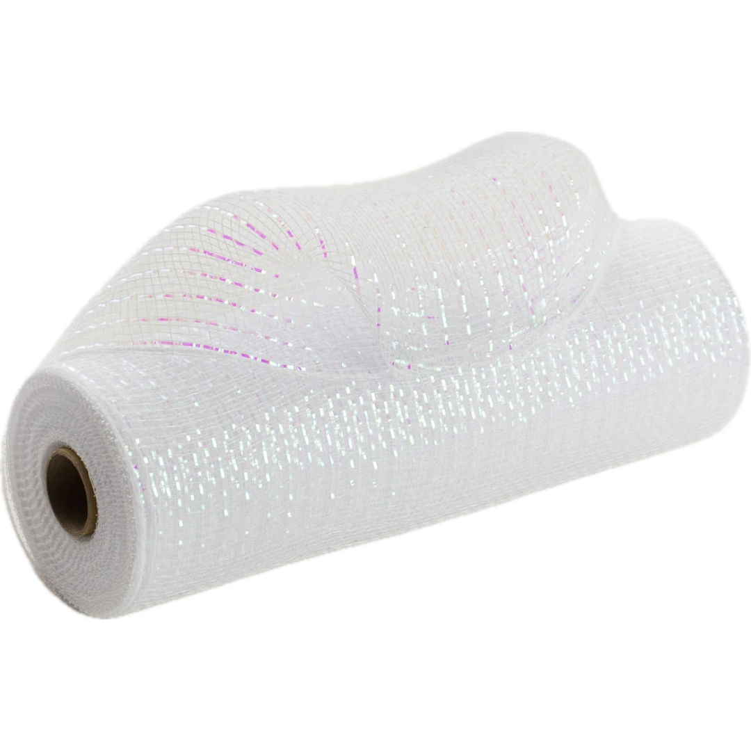 10" roll of white iridescent poly deco mesh 