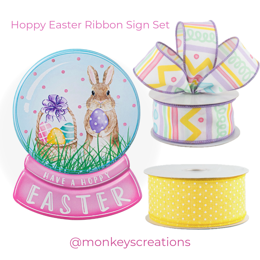 Easter-themed ribbon sign set with a rabbit illustration and colorful ribbons 