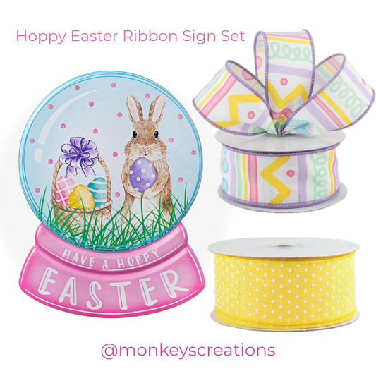 Easter-themed ribbon sign set with a rabbit illustration and colorful ribbons 