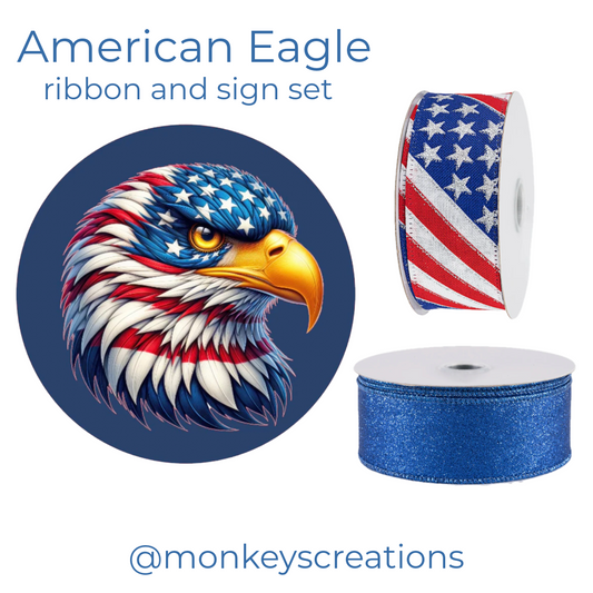 American Eagle ribbon and sign set with patriotic red, white, and blue USA elements and Monkey's Creations branding.
