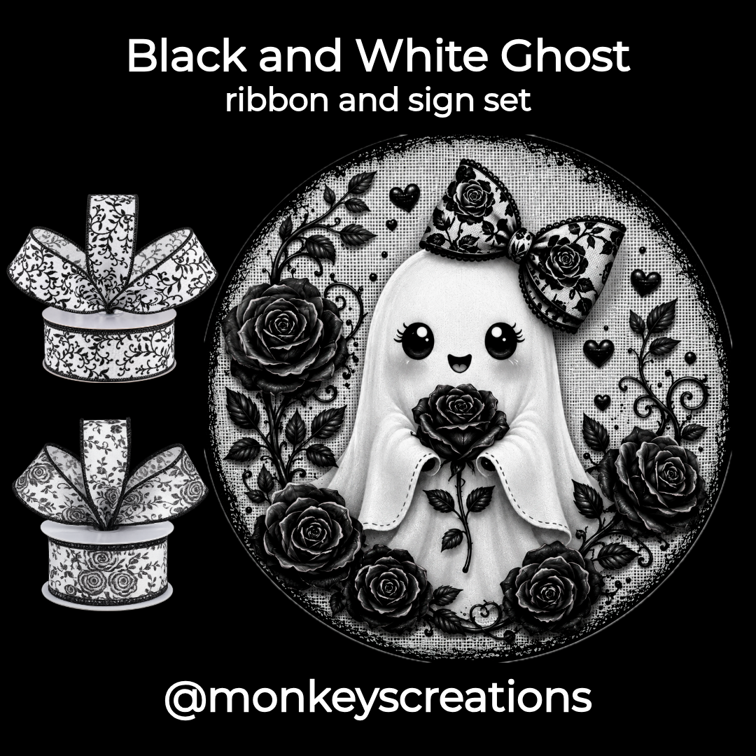Black and white gothic themed ghost ribbon and sign set featuring a 10" silver grey and black metal wreath sign with a white ghost and black roses and two rolls of black and white ribbon. Text reads 'Pink and Black Ghost ribbon and sign set' and '@monkeyscreations'.