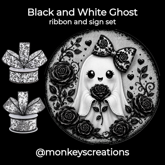 Black and white gothic themed ghost ribbon and sign set featuring a 10" silver grey and black metal wreath sign with a white ghost and black roses and two rolls of black and white ribbon. Text reads 'Pink and Black Ghost ribbon and sign set' and '@monkeyscreations'.