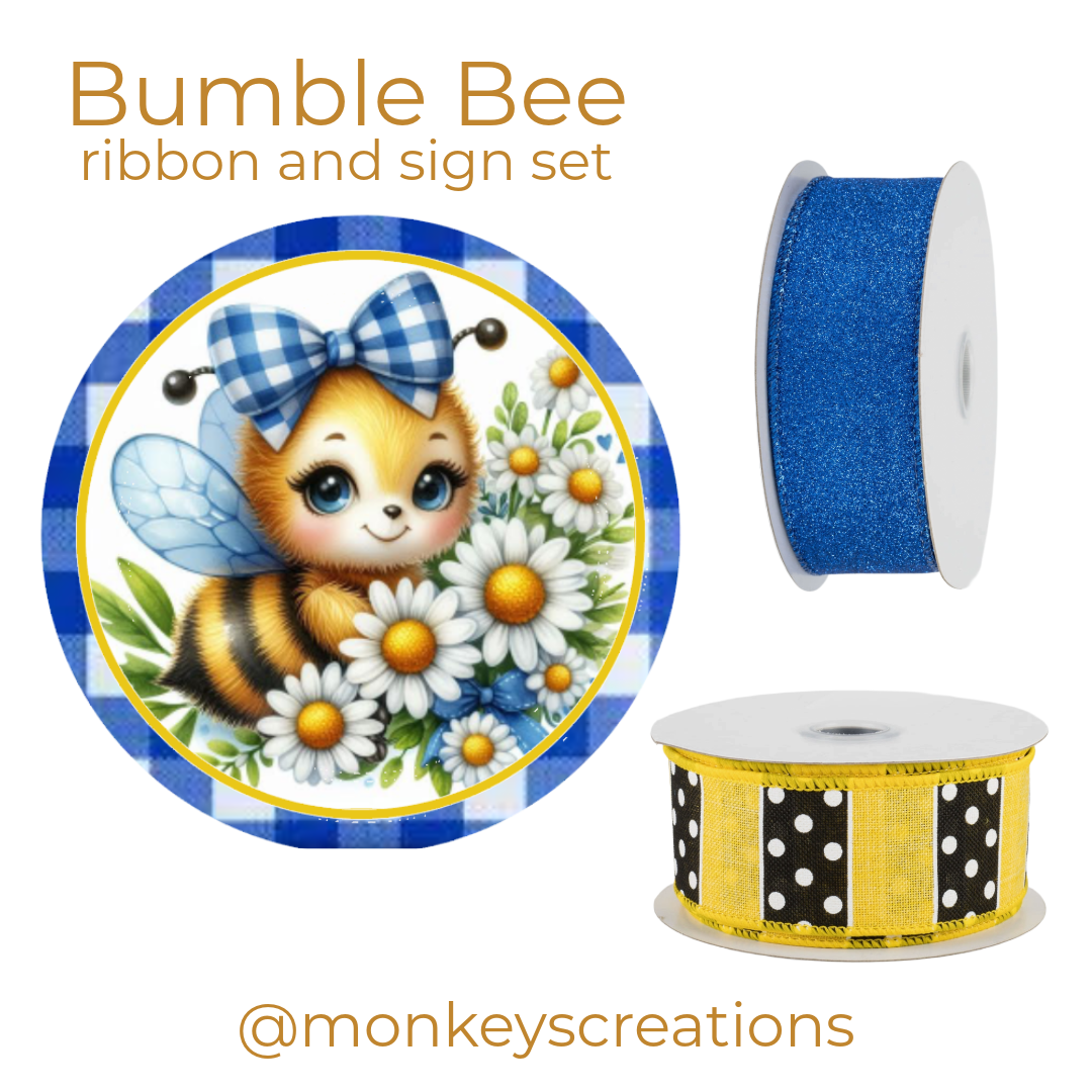 Bumble bee ribbon and sign set for crafting with blue and yellow ribbons and Monkey's Creations branding
