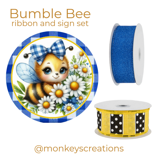 Bumble bee ribbon and sign set for crafting with blue and yellow ribbons and Monkey's Creations branding