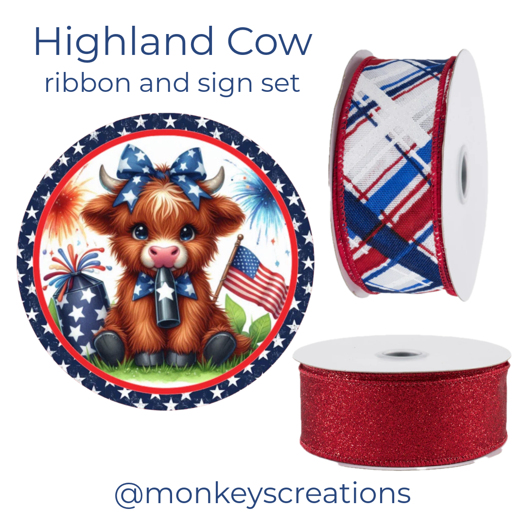 Highland Cow ribbon and sign set with patriotic red, white, and blue USA elements and Monkey's Creations branding.