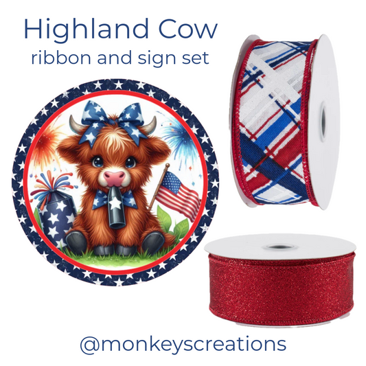 Highland Cow ribbon and sign set with patriotic red, white, and blue USA elements and Monkey's Creations branding.