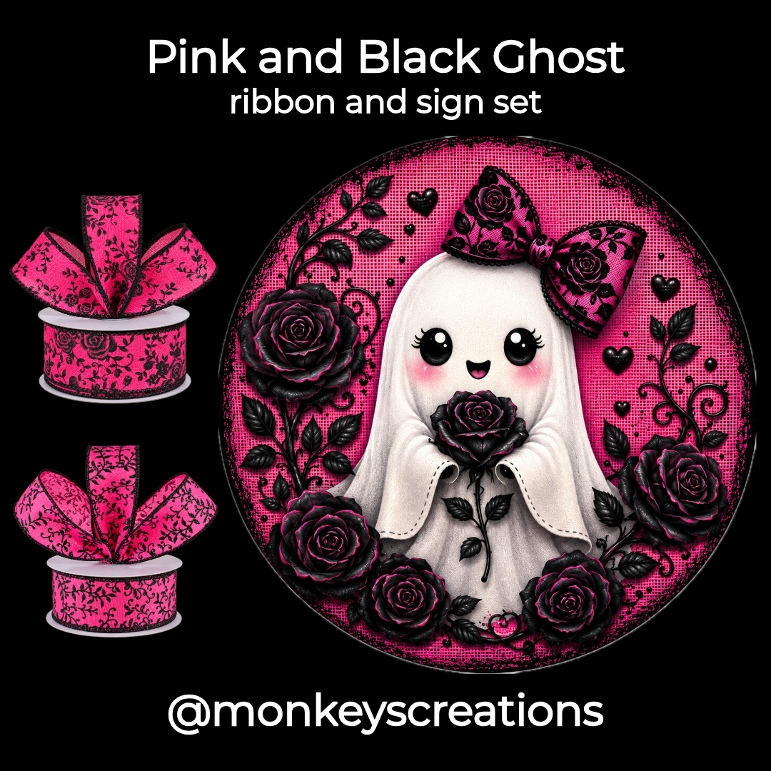 Pink and black gothic themed ghost ribbon and sign set featuring a 10" pink and black metal wreath sign with a white ghost and black roses and two rolls of pink and black ribbon. Text reads 'Pink and Black Ghost ribbon and sign set' and '@monkeyscreations'.