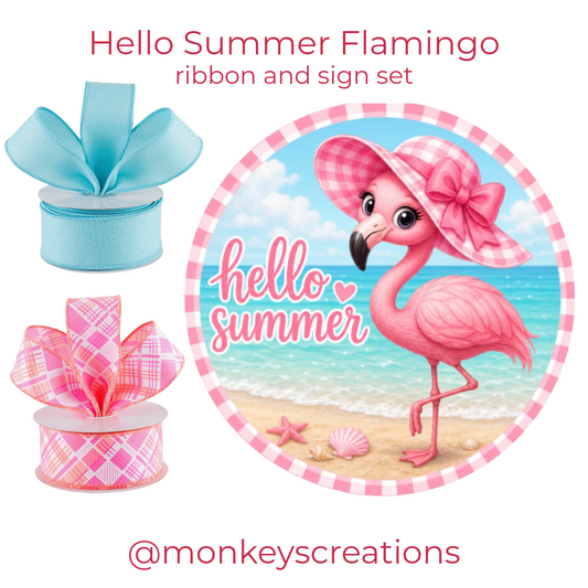 Hello Summer Flamingo DIY ribbon sign set with ribbon and a "hello summer" flamingo wreath sign by Monkey's Creations. 