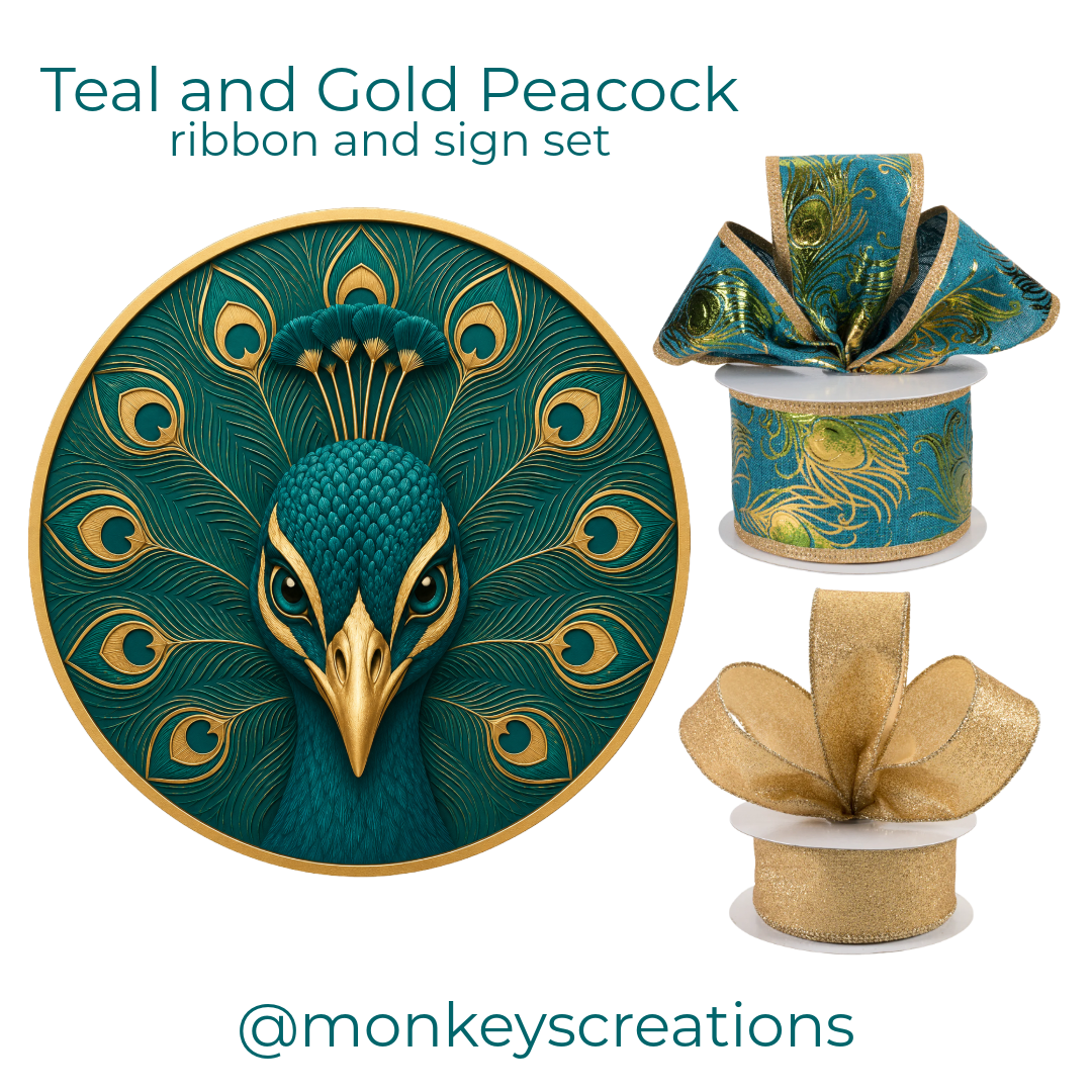 Teal and gold peacock ribbon and sign set with decorative peacock elements by Monkey's Creations. 