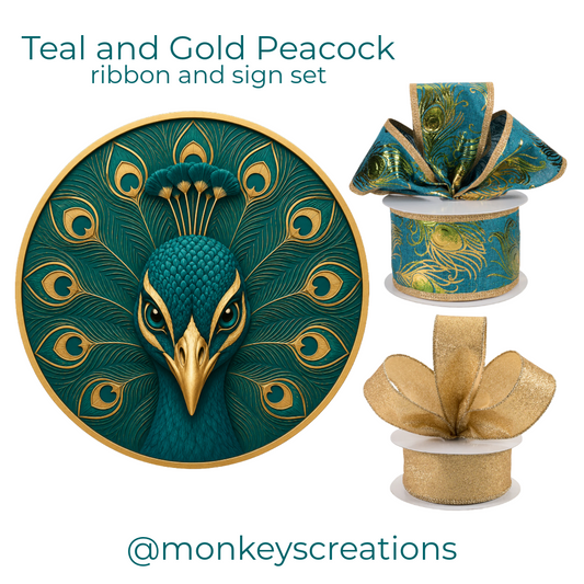 Teal and gold peacock ribbon and sign set with decorative peacock elements by Monkey's Creations. 
