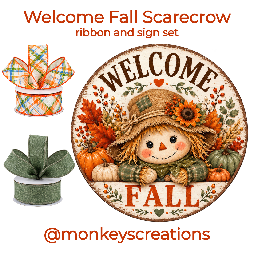 Welcome fall scarecrow ribbon and sign set by Monkey's Creations featuring 2 rolls of wired ribbon, one sage green glitter and the second orange, blue and green vertical stripes with a "welcome fall" rectangle metal wreath sign with a scarecrow, pumpkins and fall foliage.