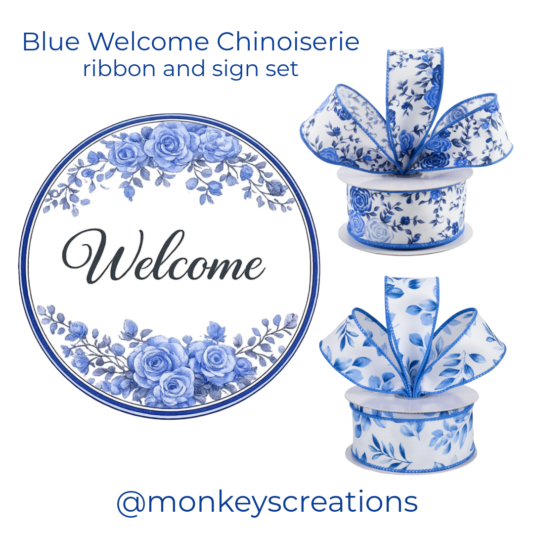 Blue Welcome Chinoiserie ribbon and sign set with @monkeyscreations branding