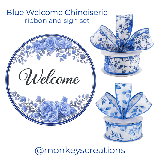 Blue Welcome Chinoiserie ribbon and sign set with @monkeyscreations branding