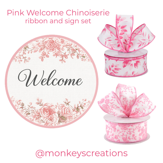 Pink Welcome Chinoiserie ribbon and sign set with @monkeyscreations branding