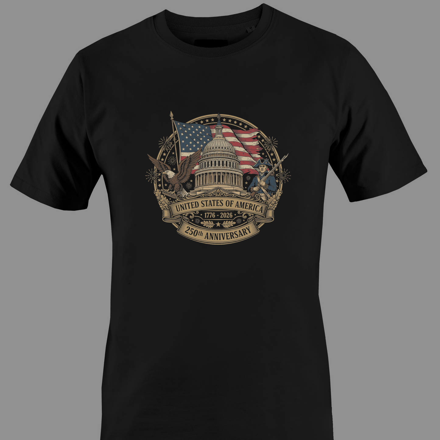 Black t-shirt for USA 250 anniversary with a U.S. Capitol building and American flag design 