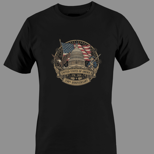 Black t-shirt for USA 250 anniversary with a U.S. Capitol building and American flag design 