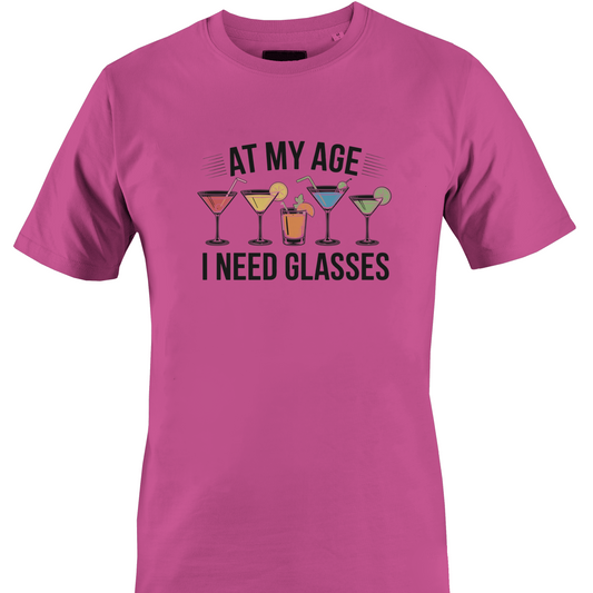 Heliconia t-shirt with cocktail graphic and text 'At my age I need glasses' 