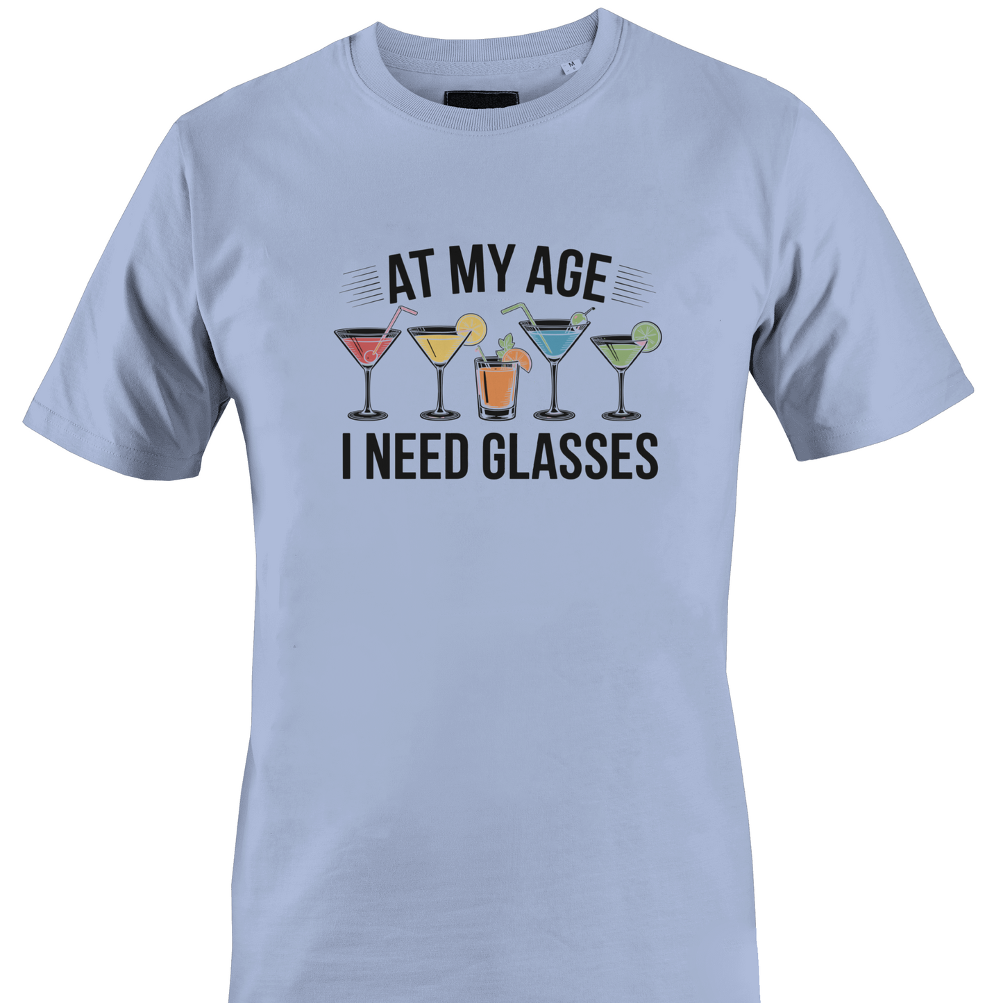 Light blue t-shirt with graphic of cocktail glasses and text 