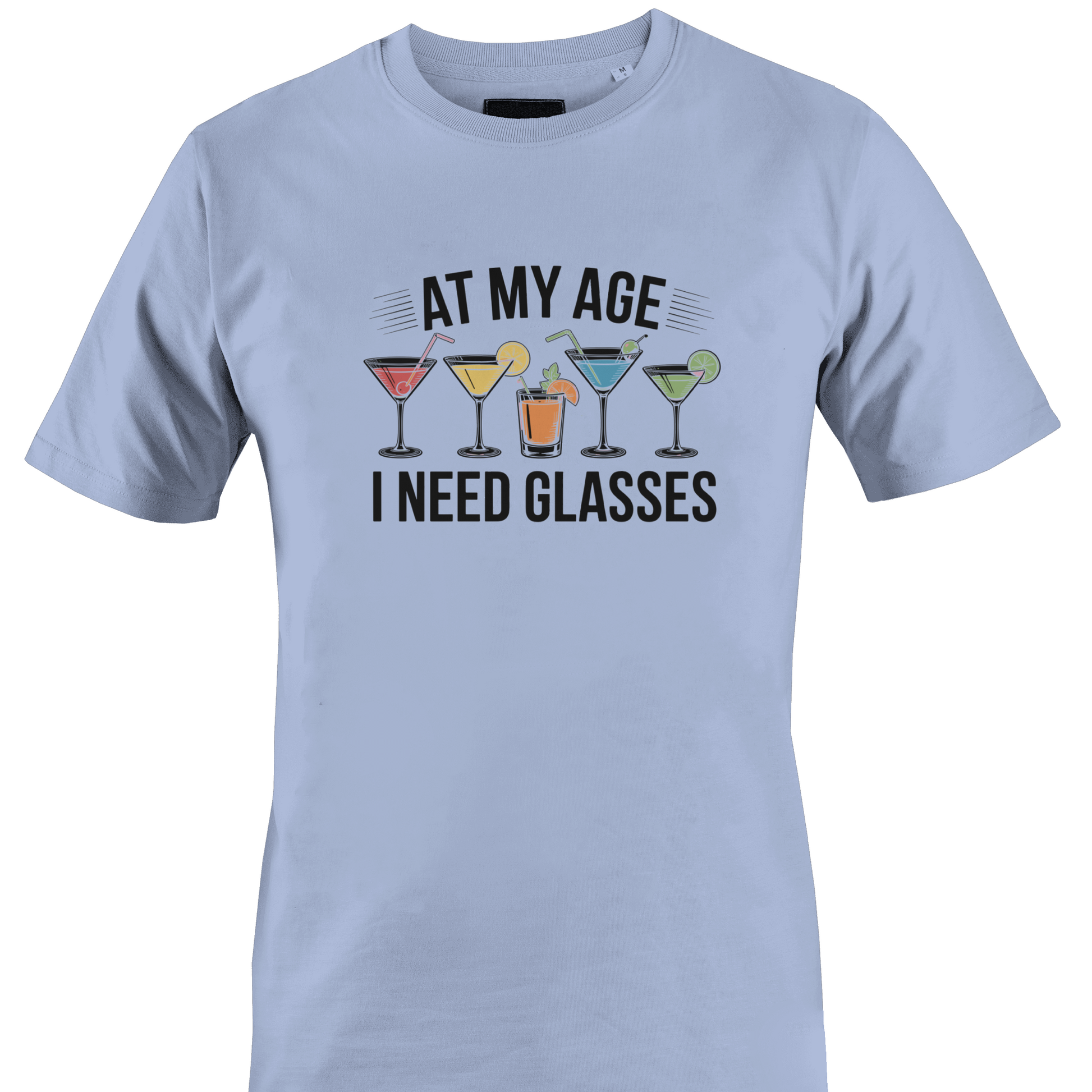 Light blue t-shirt with graphic of cocktail glasses and text 