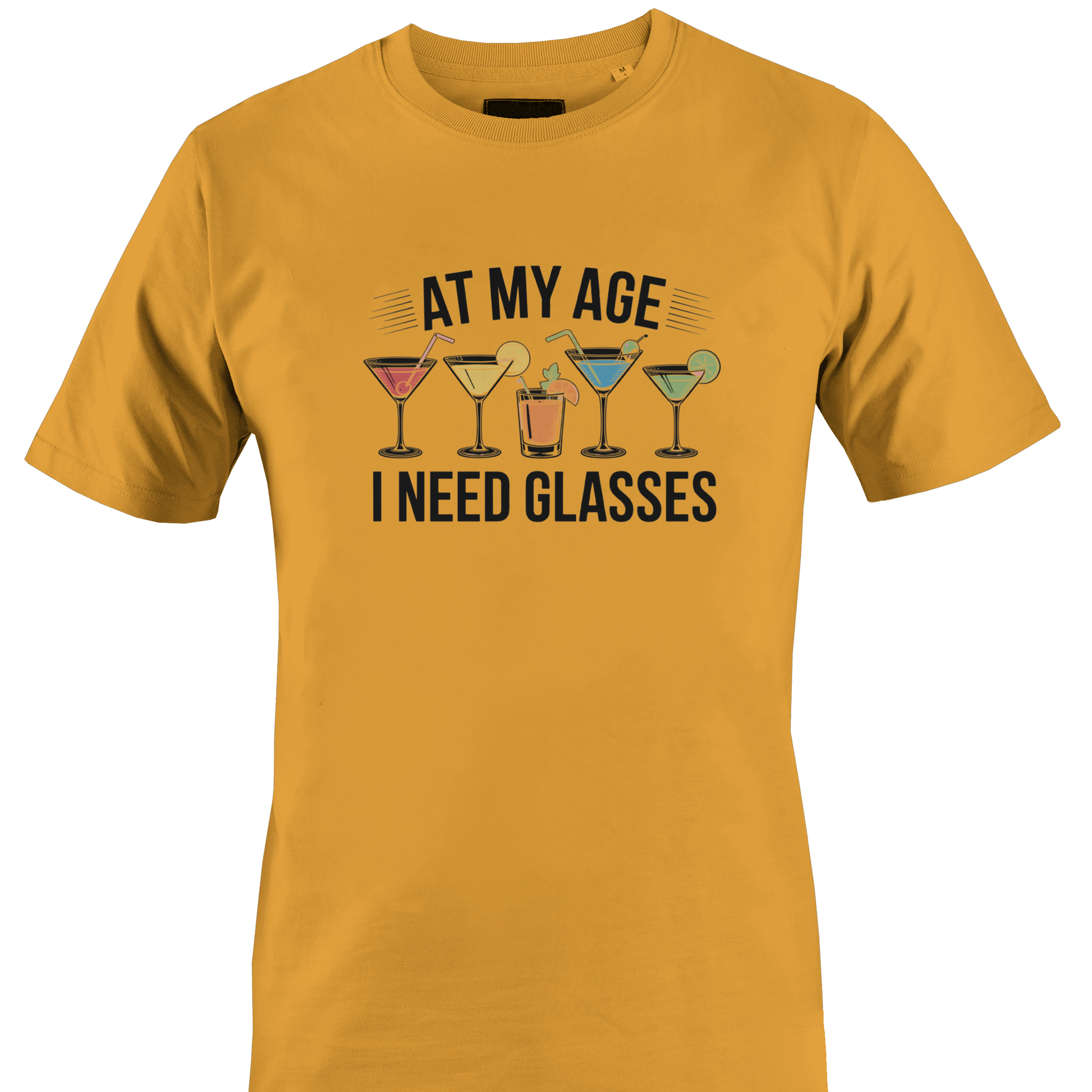 Orange t-shirt with cocktail graphic and text 'At my age I need glasses' 