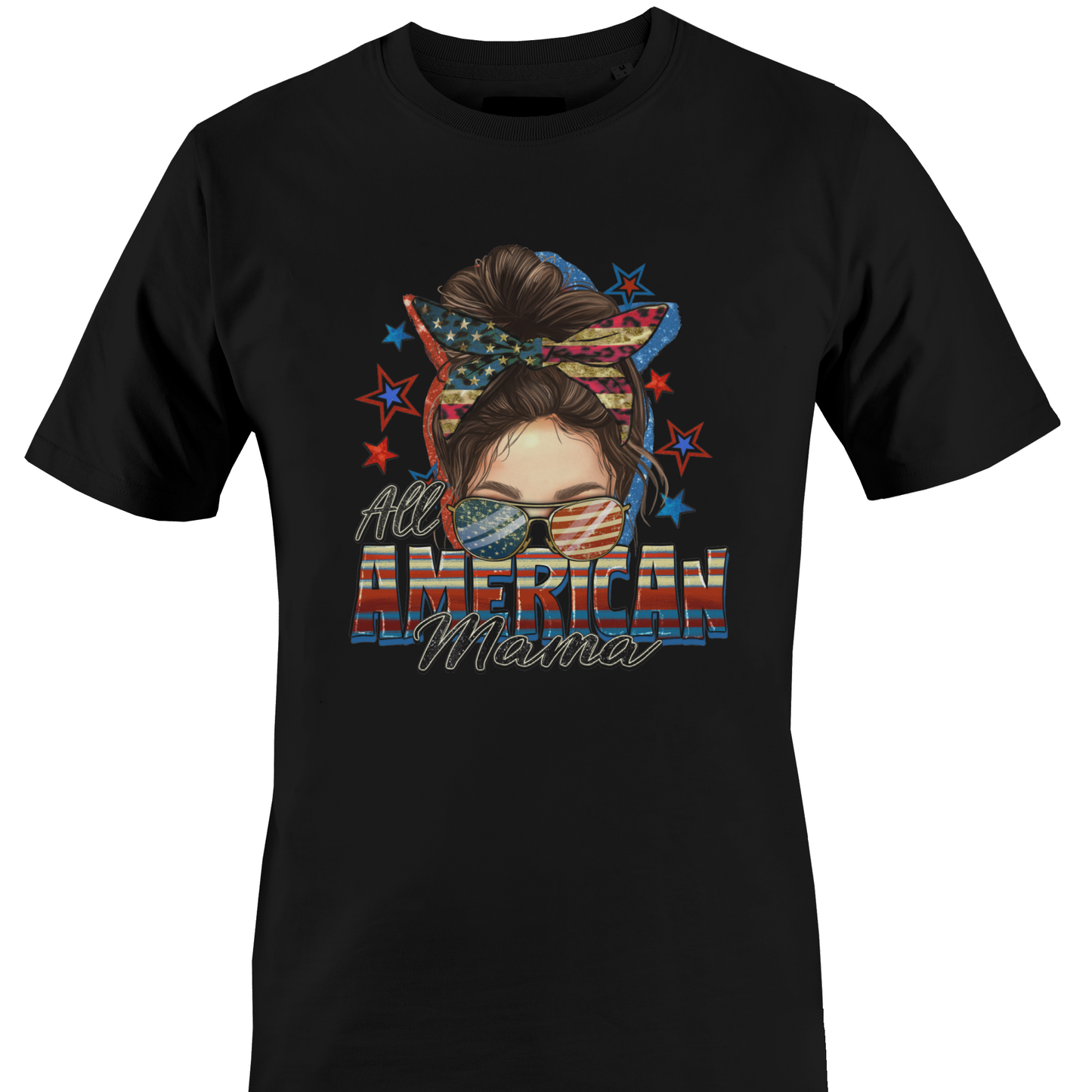 Black t-shirt with a graphic design of a woman's face with an American flag headband and text 'All American Mama' 