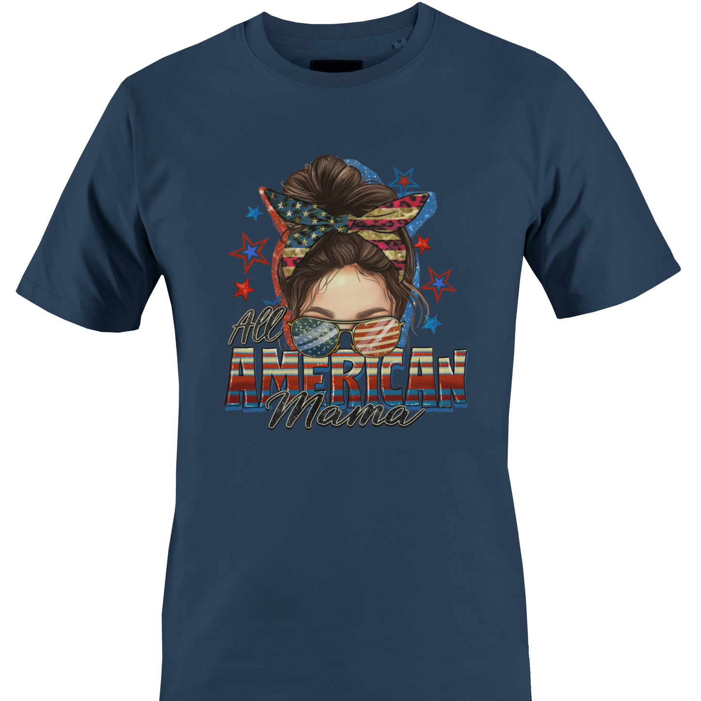 Navy Blue t-shirt with a graphic design of a woman's face with an American flag headband and text 'All American Mama' 