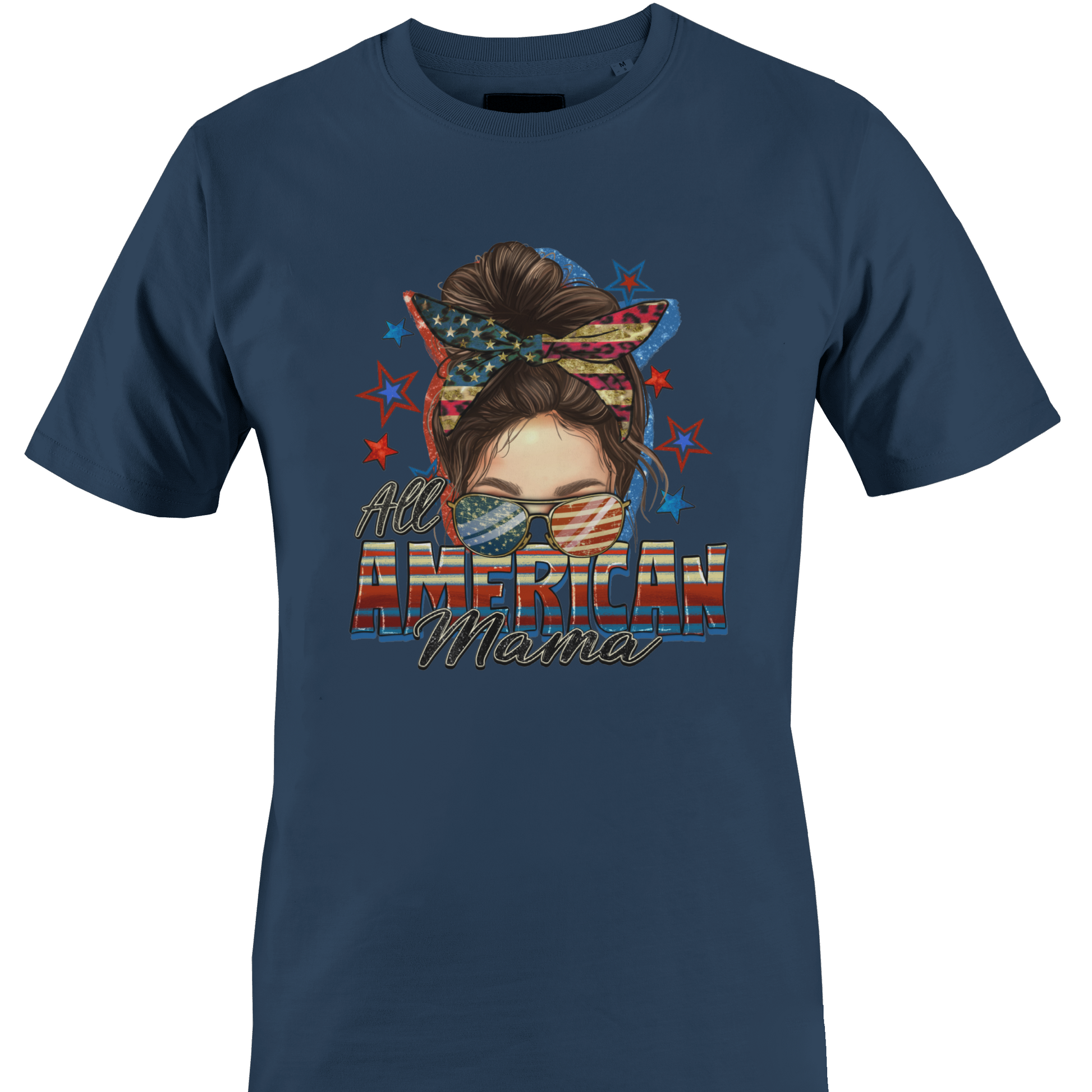 Navy Blue t-shirt with a graphic design of a woman's face with an American flag headband and text 'All American Mama' 