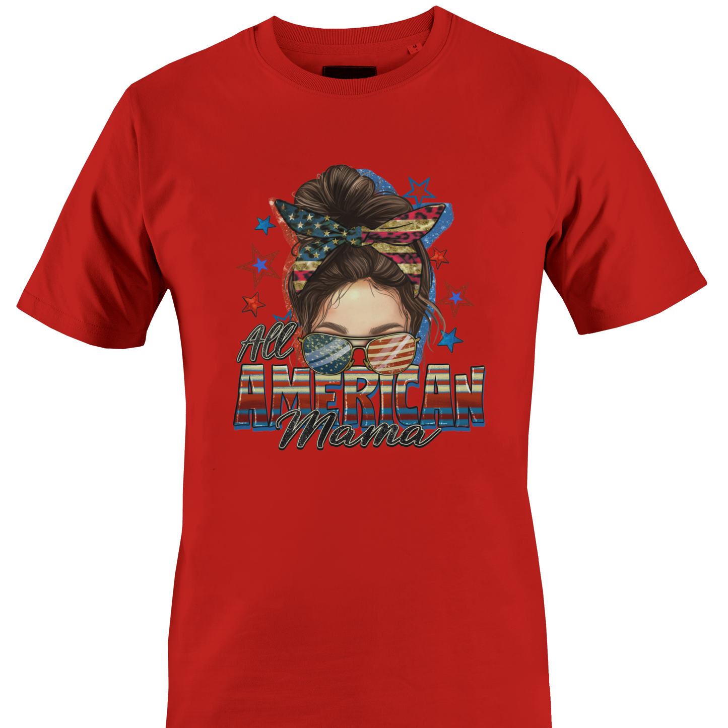 Red t-shirt with a graphic design of a woman's face with an American flag headband and text 'All American Mama' 