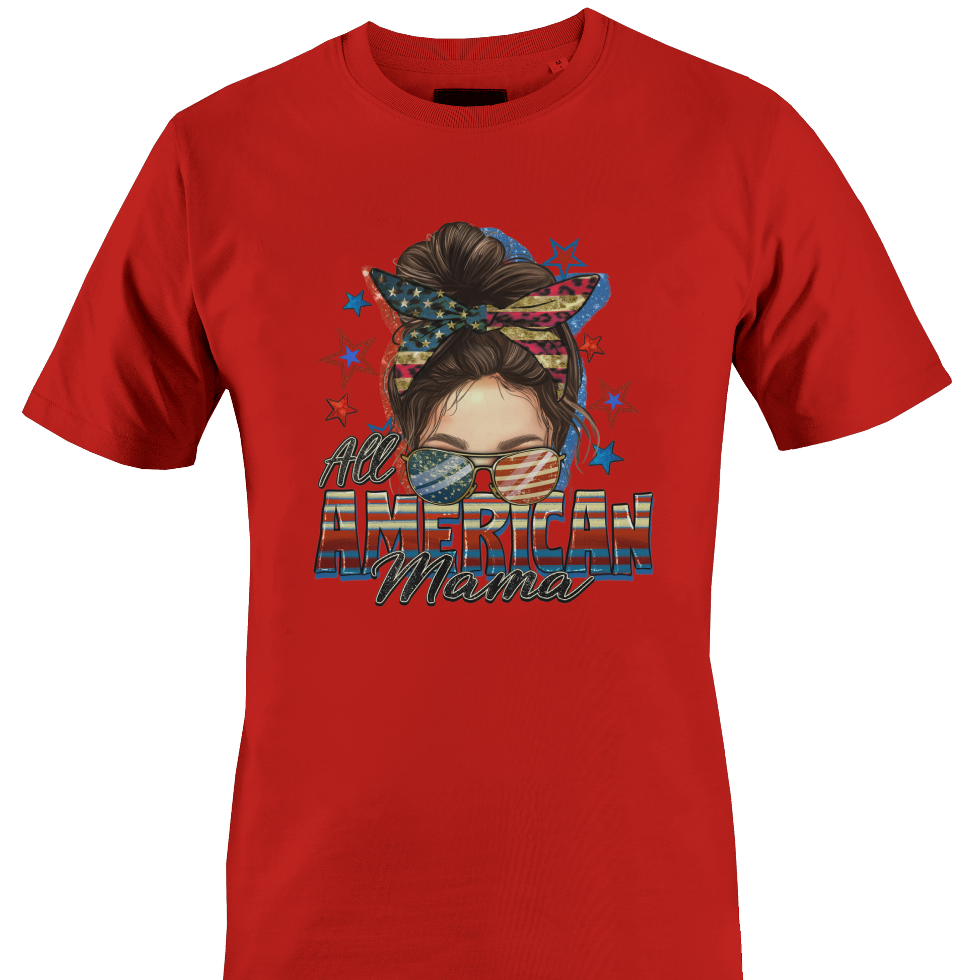 Red t-shirt with a graphic design of a woman's face with an American flag headband and text 'All American Mama' 